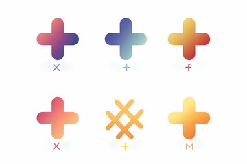 Obraz premium Six colorful plus signs with different gradient colors and icons below.