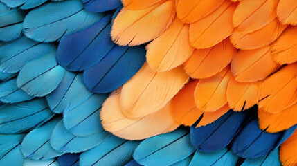 Fototapeta premium Vibrant close up of colorful feathers showcasing shades of blue and orange, highlighting intricate textures and patterns. This macro photography captures beauty of natures design