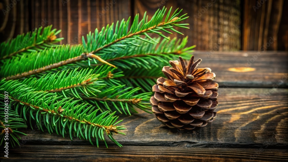 Poster a pine cone resting on a wooden surface, surrounded by evergreen branches, creating a rustic and nat