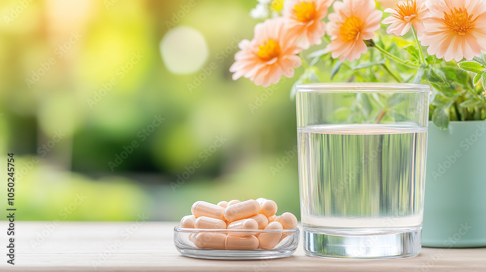 Wall mural morning setup with a glass of water and a small dish of pills placed next to a vase