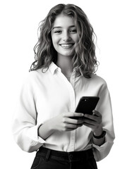 Attractive blonde holding a phone in her hands on white transparent isolated background, png