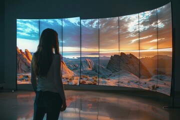 Woman admiring a desert landscape displayed on a large, curved video wall