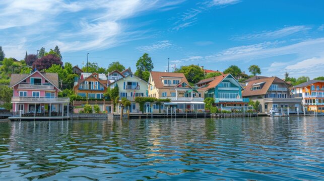 A charming lakeside town with colorful houses reflecting in the calm waters and surrounded by rolling hills, picturesque setting with quaint architecture, Lakeside style