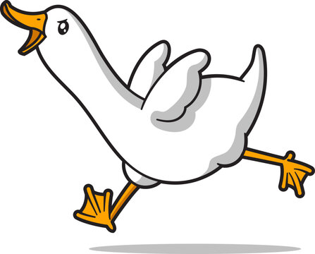 Silly goose running in an attack stance, cartoon illustration isolated on white.
