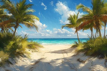 Obraz premium Digital Art Palm Trees Frame Tranquil Sandy Path to Azure Ocean
