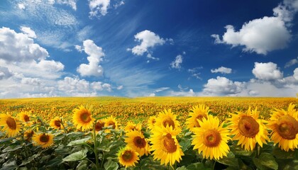 Fototapeta premium yellow flowers sunflowers on field on background blue sky with white clouds