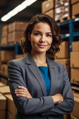 Professional warmth: A poised businesswoman smiling confidently with crossed arms in a warehouse setting