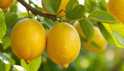 Bunches of fresh yellow ripe lemons on lemon tree branches in summer garden