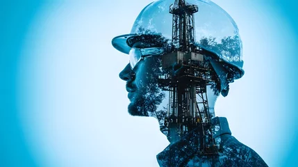 Worker with Equipment and Oil Rig Silhouette © Aodsy