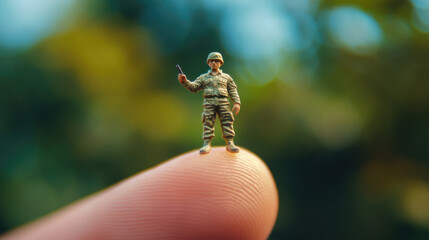 A small, detailed toy soldier figurine balances carefully on the tip of a human finger against a lush, blurred background, implying themes of fragility and courage.