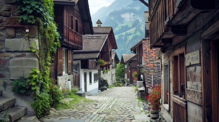 Fototapeta premium A charming medieval village in the Swiss Alps with cobblestone streets and traditional wooden houses, alpine setting with picturesque beauty, Classic style
