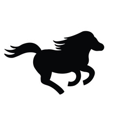 Silhouette of horse in mid jump with flowing mane and tail, showcasing dynamic movement in black.