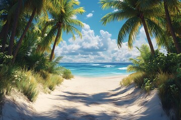 Fototapeta premium Palm Grove Path to Tranquil Turquoise Water