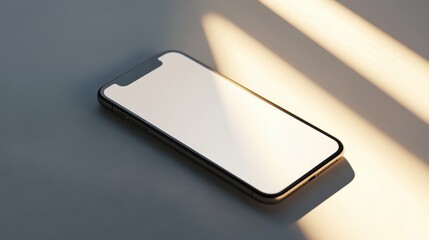 A sleek smartphone mockup rests on a white surface, illuminated by a soft beam of light
