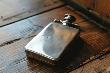 Shiny metal hip flask laying on its side on a rustic wooden surface