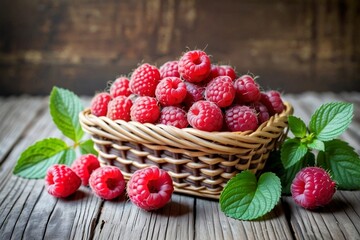 Fresh raspberries in a wicker basket on a rustic table background with copy space.