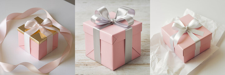 Obraz premium Pink gift box with silver ribbon. Collection of classic luxury gift boxes with elegant ribbons. Set of gift preset boxes with ribbon of various styles. Perfect for any celebration occasion project.