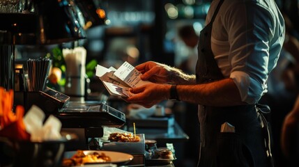 Taking Payments: A waiter processing payments at the register, interacting positively with customers