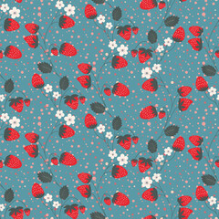 Seamless pattern with strawberry on color background. Natural delicious fresh ripe tasty fruit. Vector illustration for print, fabric, textile, banner, other design. Food concept.
