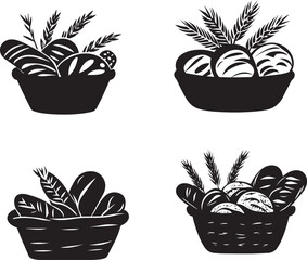 Silhouette of a basket filled with freshly baked bread, vector silhouette