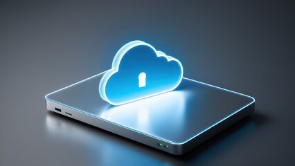 A secure cloud icon glowing above a modern device, symbolizing encrypted cloud storage and data recovery solutions. Ideal for content on cybersecurity, IT resilience, and data protection.
