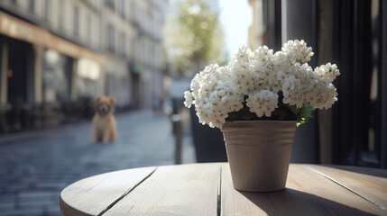 Charming Outdoor Cafe Table with White Flowers on a Sunny Street Scene. Generative ai