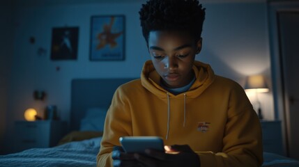 African American Teen Boy Using Smartphone in Cozy Bedroom at Night for Online Browsing or Gaming. Generative ai