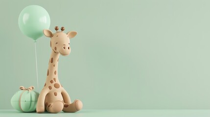 A cute cartoon giraffe is sitting next to a green gift box with a green balloon behind it on a green background.