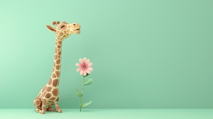 Obraz premium A cartoon giraffe is looking at a pink flower against a green background.