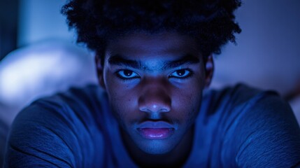 Young African American Man in thoughtful contemplation, illuminated by soft blue light. For Emotional Expression and Mood Art. Generative ai