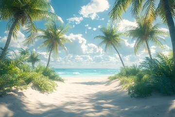 Fototapeta premium Palm Trees and Pathway to Tranquil Beach Escape
