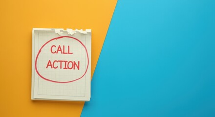 Torn sticky note with "CALL ACTION" on orange-blue background