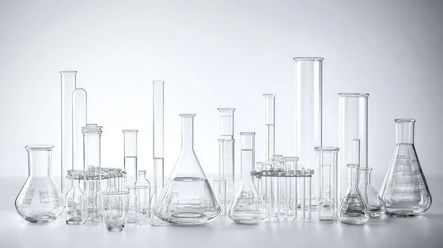 Assorted laboratory glassware, including test tubes, flasks, and beakers filled with clear liquid, displayed against a bright background.