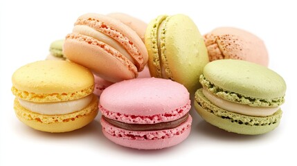 Obraz premium Assorted macarons in pink, yellow, and green, artistically arranged in a circle on a white background, highlighting their bright colors.
