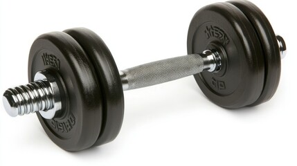Fototapeta premium A black rubber-coated dumbbell with ergonomic handle, isolated on a bright white background, showcasing its compact and durable build.