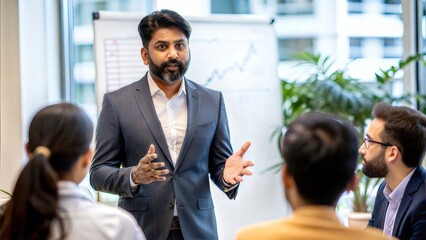 Leader Presenting Vision – Indian businessman explaining goals to team.
