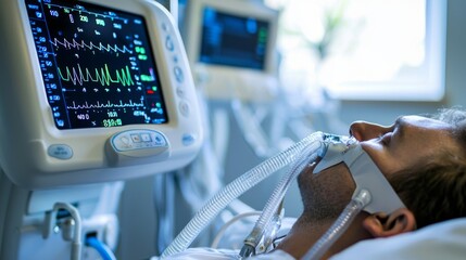 Ventilator Setup: A resuscitator adjusting settings on a mechanical ventilator, patient vital signs