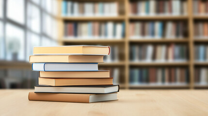 Stack of Books on Wooden Desk with Blurred Library Shelves in Background and Ample Copy Space for Educational and Academic Themes