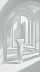 Obraz premium A product packaging mockup is elegantly presented in a white room with minimalistic design