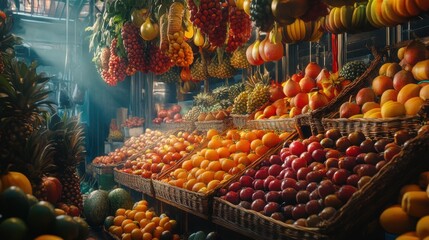 A vibrant market display filled with various fruits in baskets, illuminated by soft light.