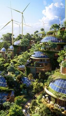 Obraz premium Sustainable Community Design Featuring Solar Homes and Wind Turbines for Eco-Friendly Living