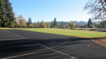 Fototapeta premium A completely empty parking lot with clearly marked parking spaces on smooth, dark asphalt, under the bright midday sun.