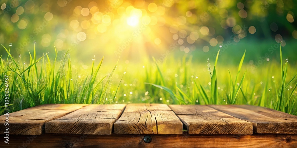 Poster rustic wooden table in front of vibrant green grass with morning dew and warm sunlight bokeh