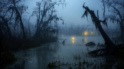 “Eerie Serenity: Misty Swampscape”