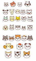 Fototapeta premium A collection of 27 cute cartoon cat and dog faces.