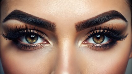 Fototapeta premium Close-up view of a woman's eyes with dramatic makeup and long eyelashes, showcasing a captivating gaze that emphasizes natural beauty and the artistry of makeup application.