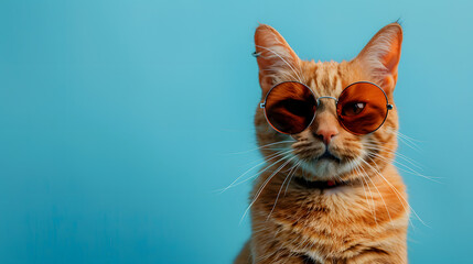 closeup portrait of funny ginger cat wearing sunglasses isolated on light cyan. copyspace isolated...