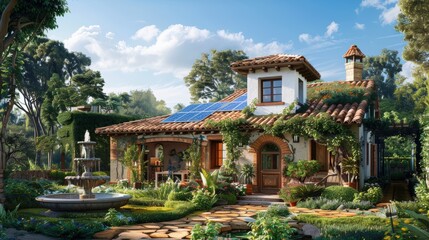 Obraz premium Autonomous Mediterranean House with Solar Panels and Lush Garden Design