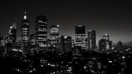 Fototapeta premium A black and white photo of a city skyline at night.