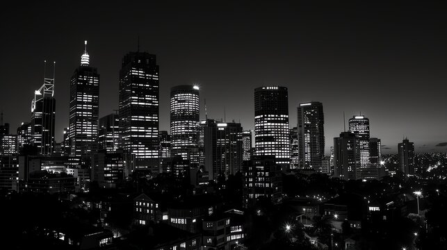 Fototapeta A black and white photo of a city skyline at night.